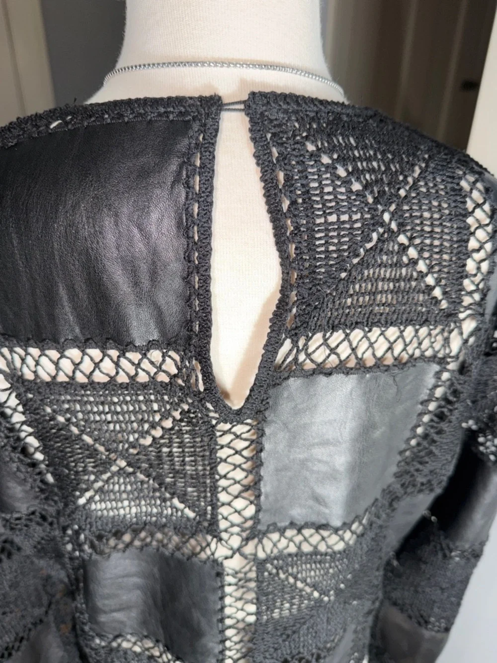 Zara Black Cropped Leather-Lace Grid Top